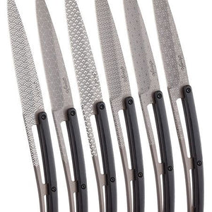 SET OF 6 DEEJO ‘BRASSERIE’, TITANIUM, BLACK ABS, ‘BLOSSOM’ TABLE KNIFE